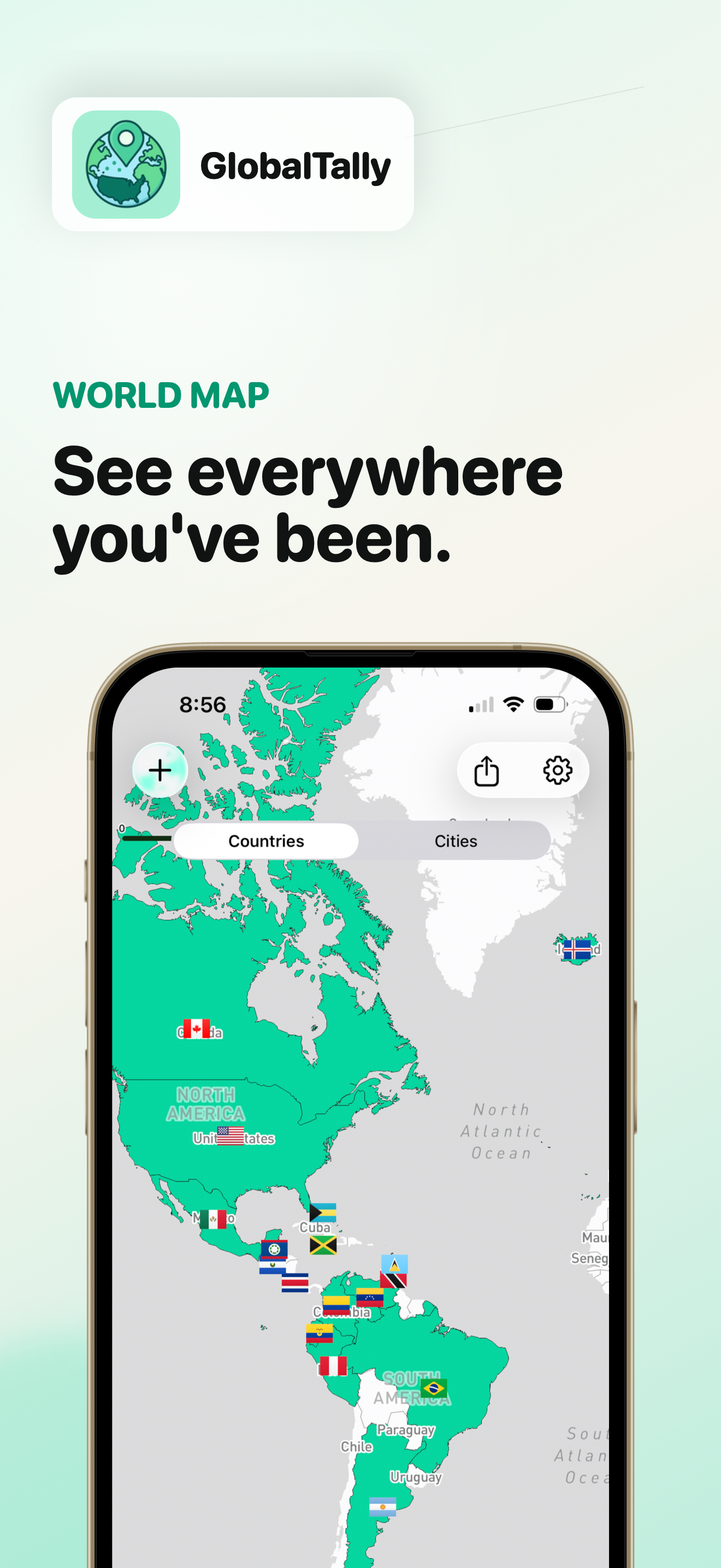 GlobalTally world travel map showing visited countries