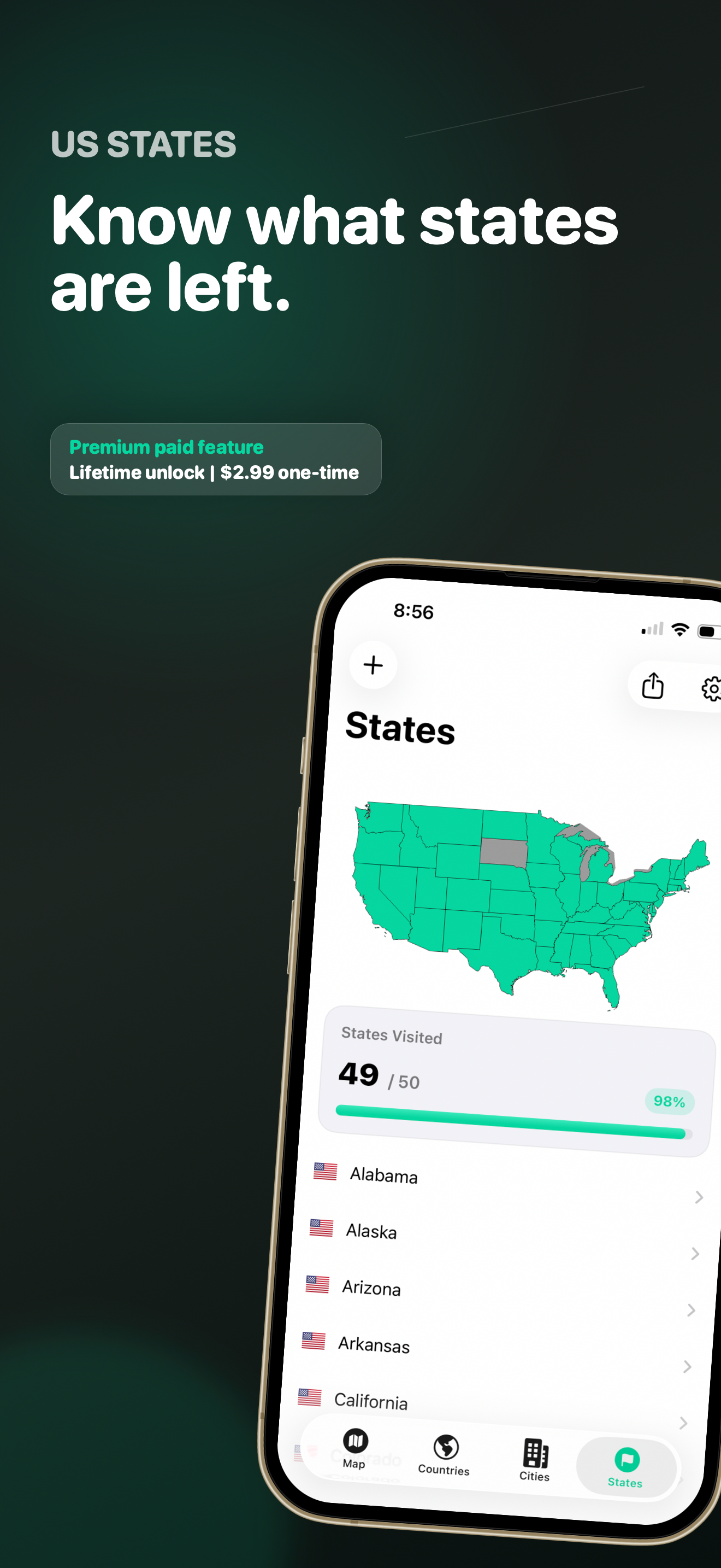 Map of visited U.S. states in GlobalTally