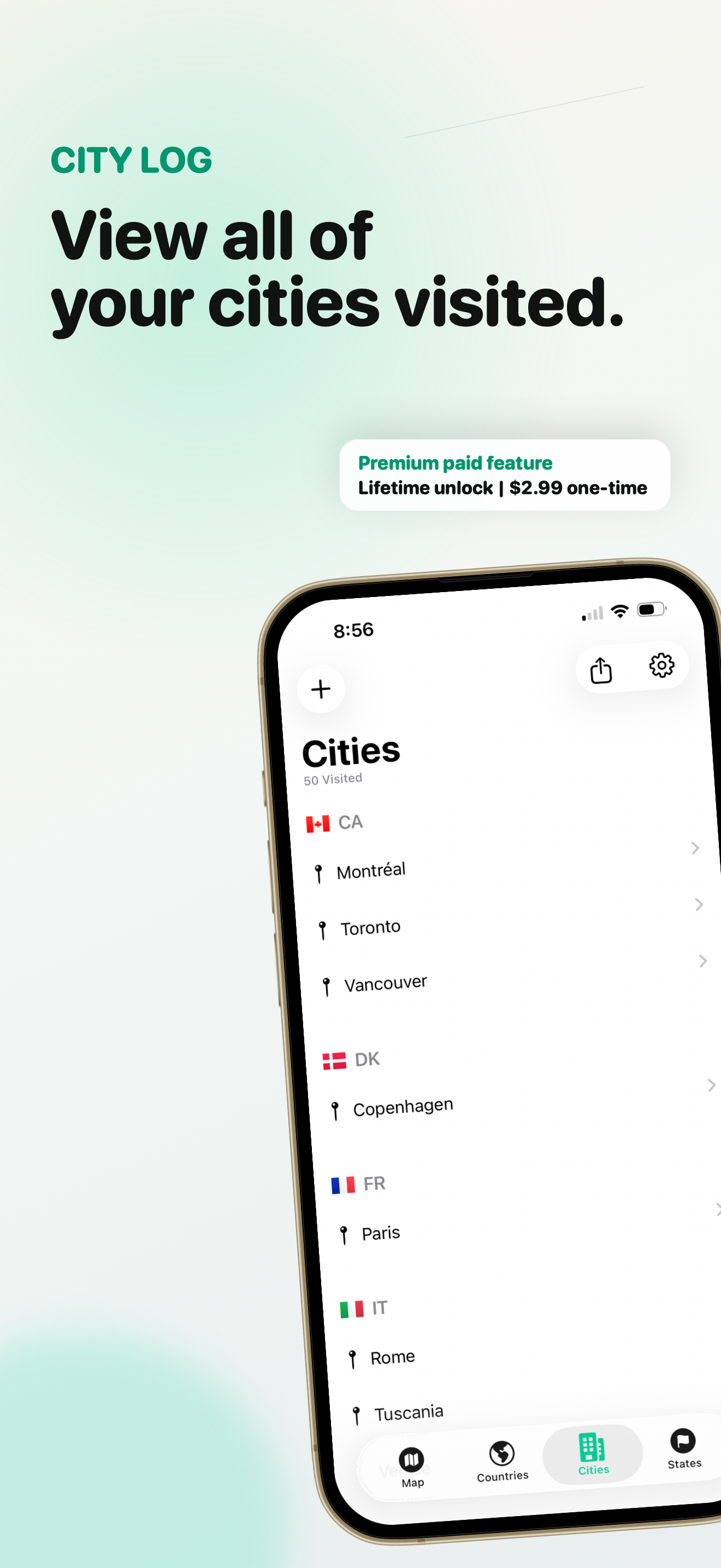 Track cities visited by country and state in GlobalTally