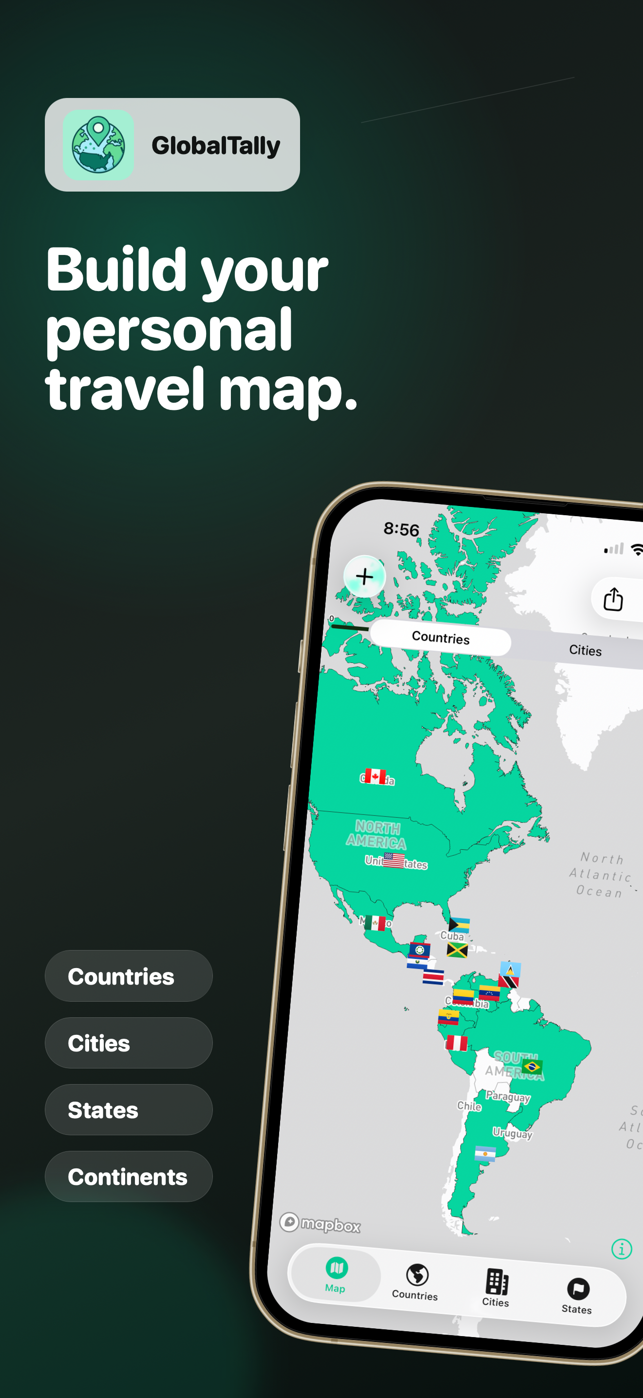 GlobalTally travel statistics and travel record screen
